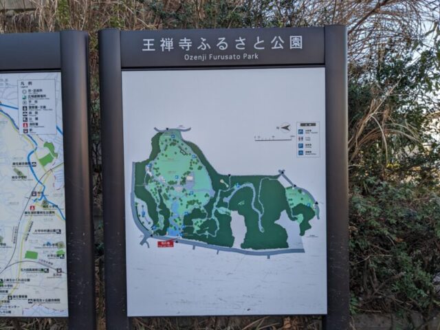 池のすぐ横の道に王禅寺ふるさと公園のマップ案内板がある