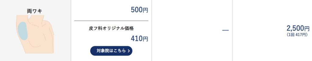 SBC（湘南美容クリニック）の両ワキの脱毛の施術価格（6回＝2,500円）