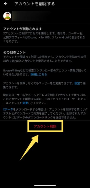 赤文字の「アカウントを削除」をタップ