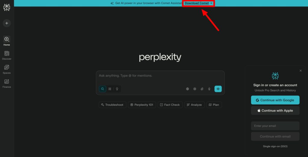 ページ上部の「Download Comet」をクリックしてインストール開始